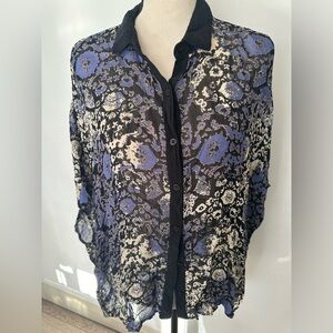 DEPT blue  blouse wing sleeves SZ M to L button front sheer